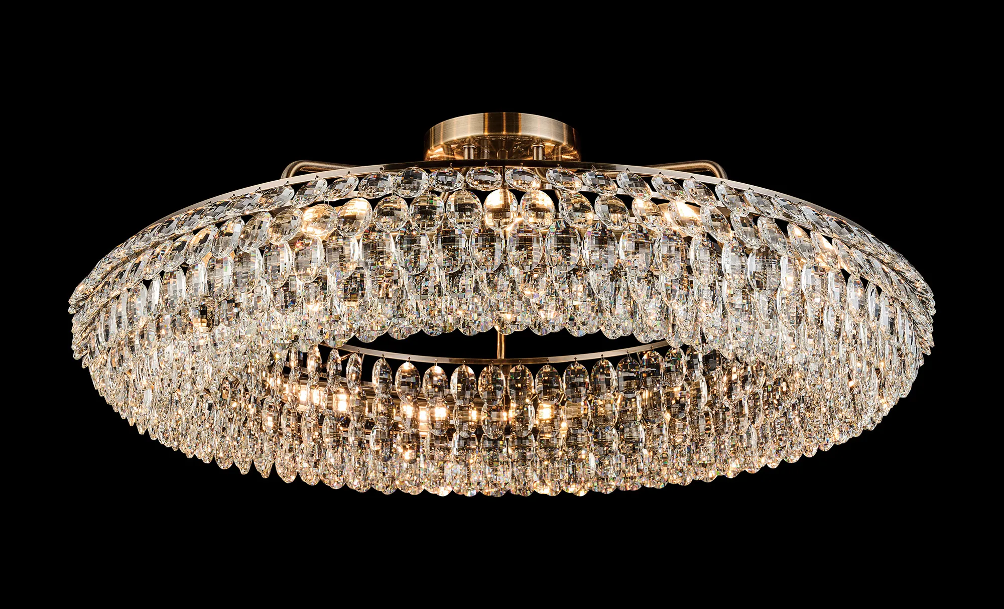 IL32933AB  Coniston 95cm Semi Flush Ring Ceiling, 15 Light E14, Antique Brass/Crystal Item Weight: 26kg